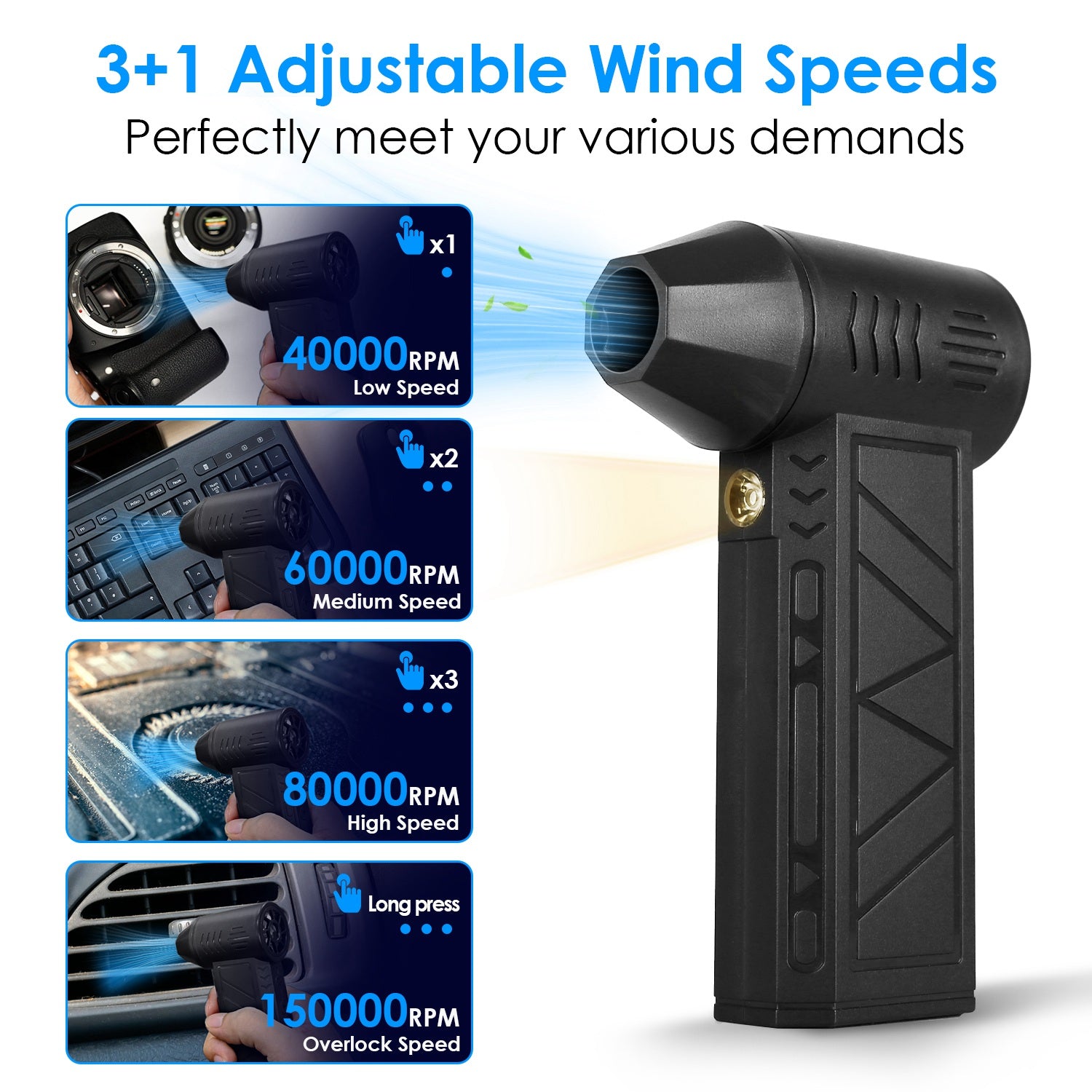 1Pc Compressed Air Duster With LED Light Up To 150000RPM Speed For PC Keyboard Cleaning