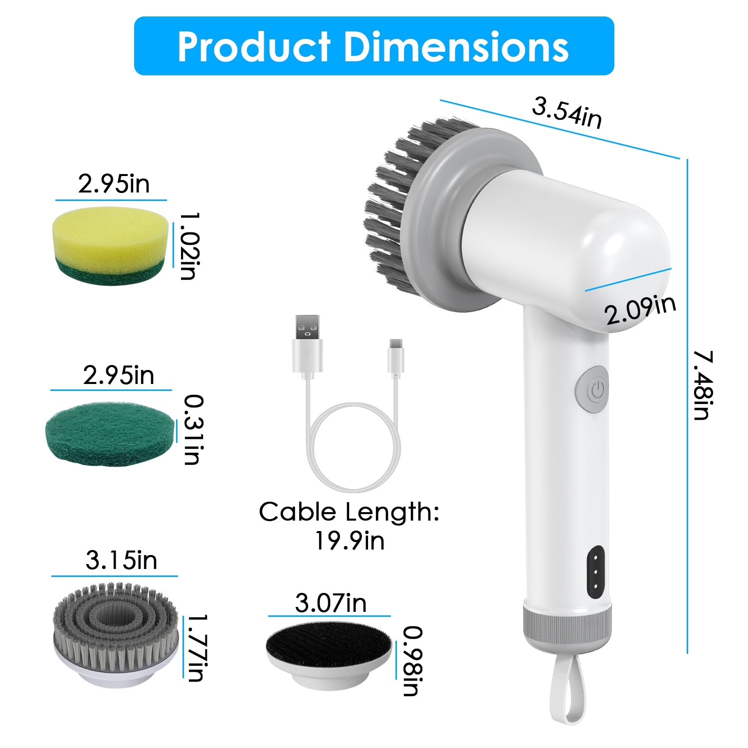 1Set Electric Handheld Spin Scrubber Cordless Cleaning Brush With 2 Rotating