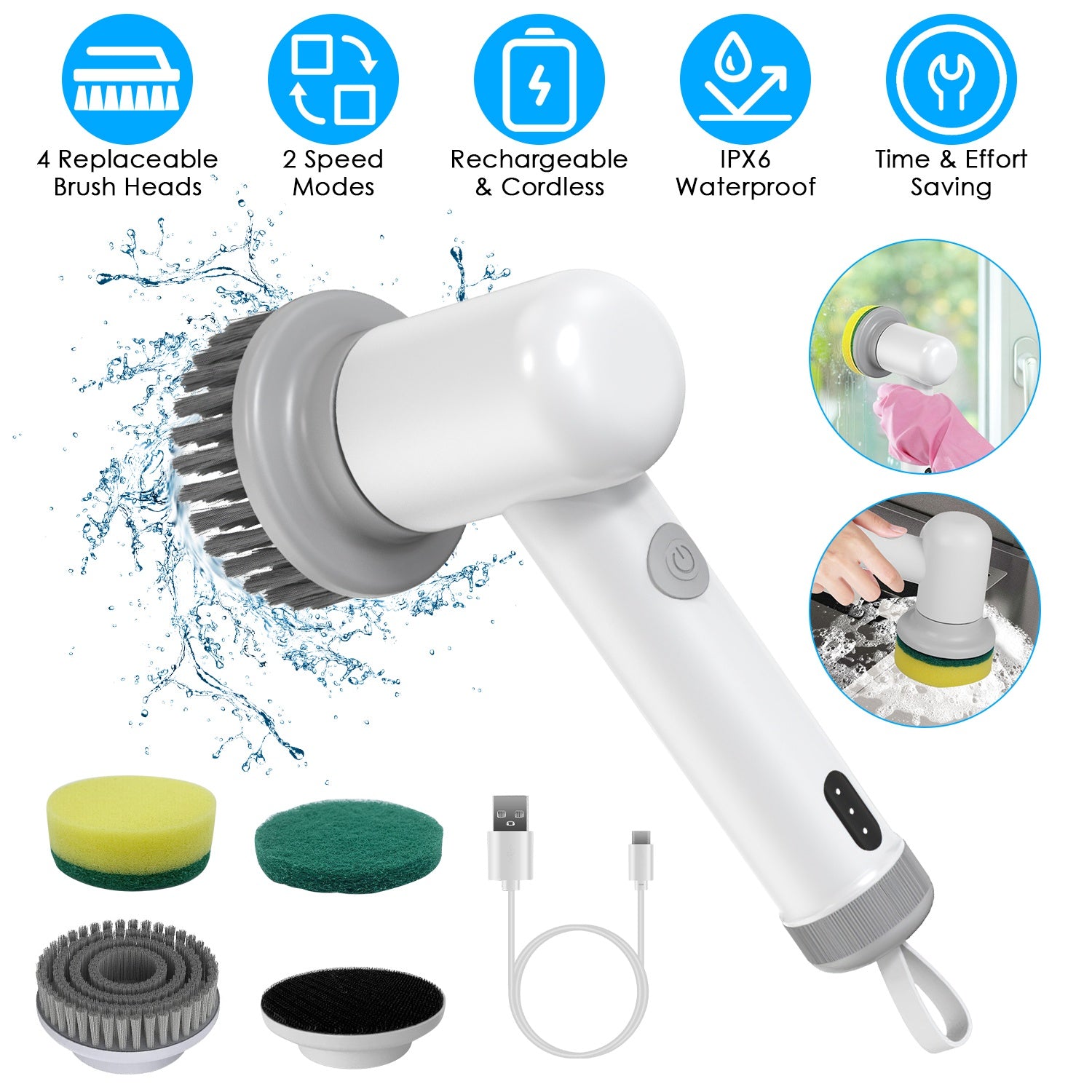 1Set Electric Handheld Spin Scrubber Cordless Cleaning Brush With 2 Rotating